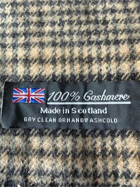 Made in Scotland 100% Cashmere Plaid Scarf Tan Brown Fringed 69” x 12”